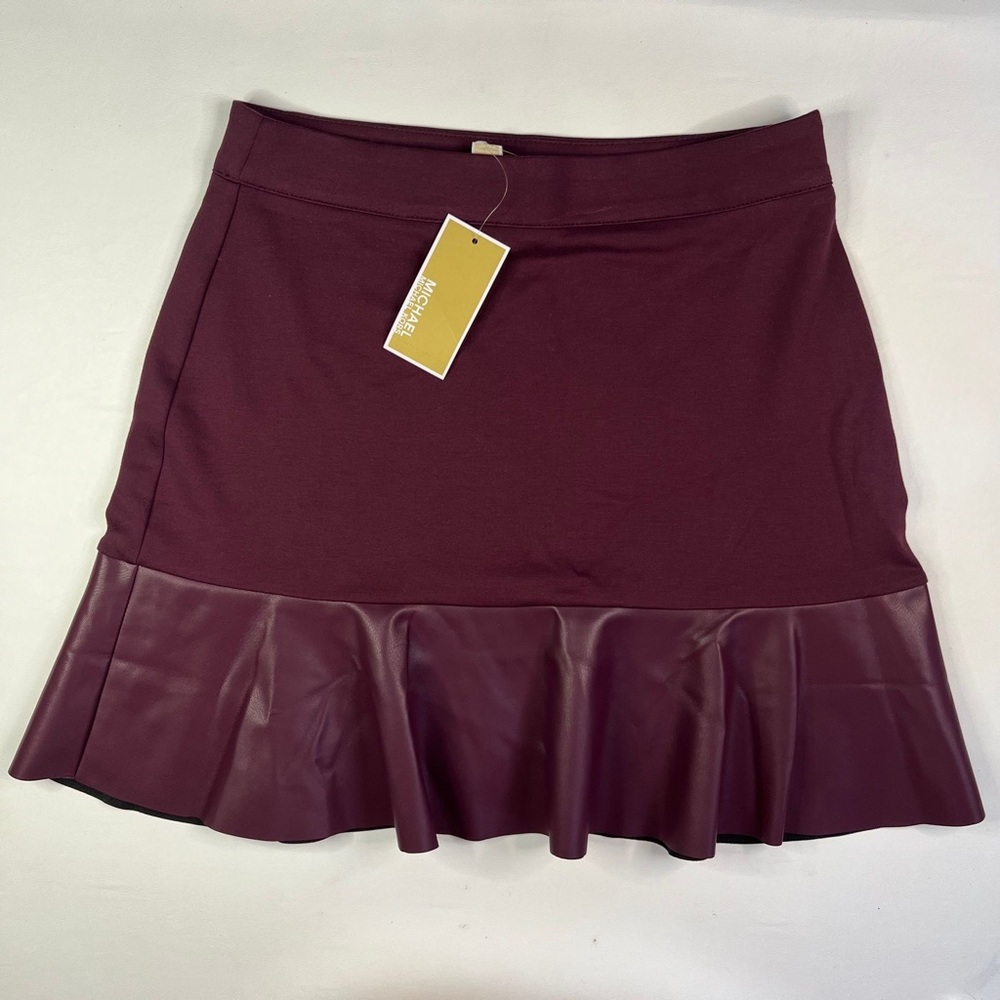 NWT MICHAEL MICHAEL KORS Cordovan Mixed-Media Flare Mini Skirt Faux Leather - Picture 2 of 12